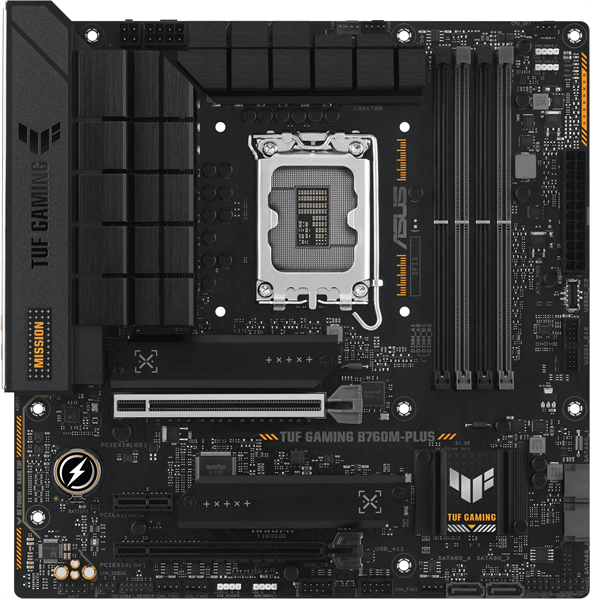 ASUS TUF GAMING B760M-PLUS, LGA1700, B760, 4*DDR5, 4*SATA, 2*M.2, 5*USB 3.2, 2*USB 2.0, Type-C, 2*PCIx16, 1*PCIx1, DP+HDMI, mATX; 90MB1ES0-M1EAY0