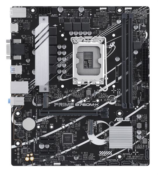 ASUS PRIME B760M-K, LGA1700, B760, 2*DDR5, 4*SATA, 2*M.2, 4*USB 3.2, 2*USB 2.0, 1*PCIx16, 2*PCIx1, HDMI+VGA, mATX; 90MB1FI0-M1EAY0