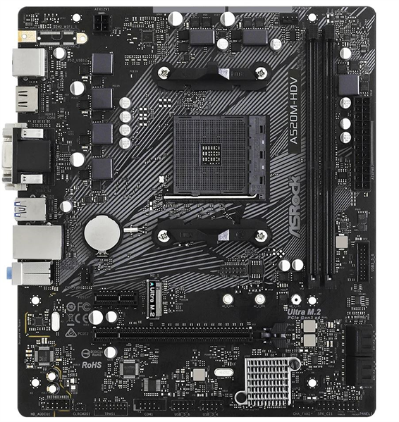 ASROCK A520M-HDV, AM4, A520, 2*DDR4, 4*SATA, 1*M.2, 4*USB 3.2, 2*USB 2.0, 1*PCIx16, 1*PCIx1, D-Sub+DVI-D+HDMI, mATX