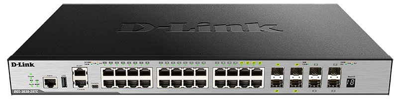 D-Link PROJ Управляемый L3 стекируемый коммутатор, 20x1000Base-T, 4x10GBase-X SFP+, 4xCombo 1000Base-T/SFP, защита от статического электричества до 6 кВ, CLI, порт управления 1000Base-T, консольный по