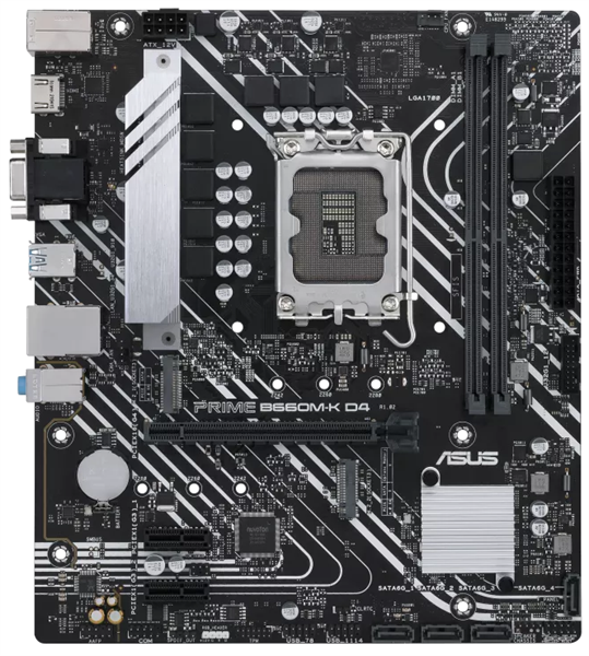 ASUS PRIME B660M-K D4, LGA1700, B660, 2*DDR4, 4*SATA, 2*M.2, 4*USB 3.2, 2*USB 2.0, 1*PCIx16, 2*PCIx1, D-Sub+HDMI, mATX; 90MB1950-M1EAY0