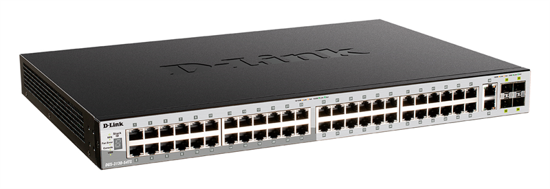 D-Link PROJ Управляемый L3 стекируемый PoE-коммутатор, 48x1000Base-T PoE, 2x10GBase-T, 4x10GBase-X SFP+, PoE-бюджет 370 Вт (740 Вт с DPS-700), защита от статического электричества до 6 кВ, CLI, порт у