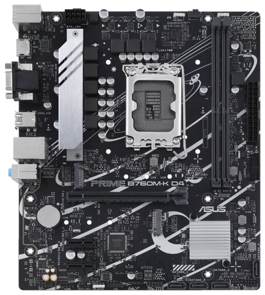 ASUS PRIME B760M-K D4, LGA1700, B760, 2*DDR4, 4*SATA, 2*M.2, 4*USB 3.2, 2*USB 2.0, 1*PCIx16, 2*PCIx1, VGA+HDMI, mATX; 90MB1DS0-M1EAY0