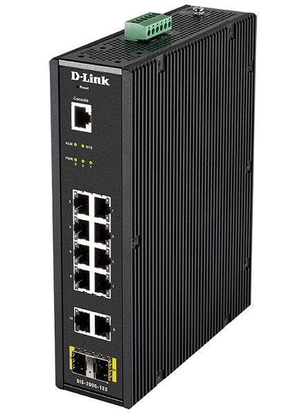 D-Link PROJ Промышленный управляемый L2 коммутатор, 10x1000Base-T, 2x1000Base-X SFP, защита от статического электричества до 6 кВ, CLI, консольный порт RJ-45, релейный выход для оповещения о сбое пита