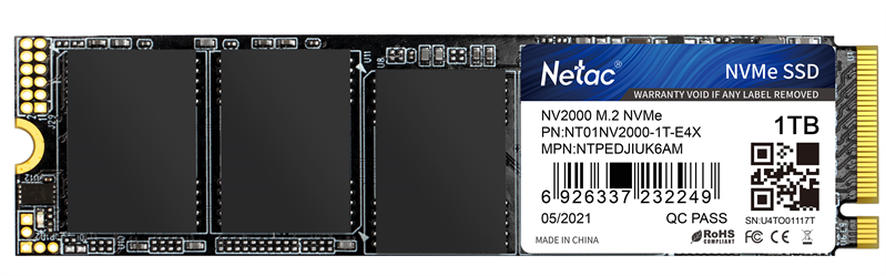 Netac SSD NV2000 1TB PCIe 3 x4 M.2 2280 NVMe 3D NAND, R/W up to 2500/2100MB/s, IOPS(R4K) 150K/280K, TBW 600TB, 5y wty