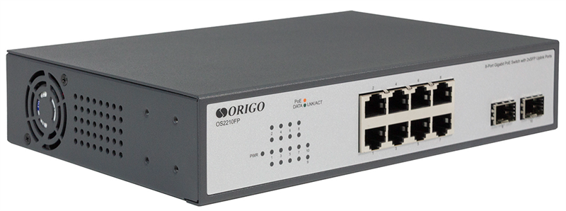 ORIGO Неуправляемый PoE-коммутатор, 8x1000Base-T PoE, 2x1000Base-X SFP, PoE-бюджет 120 Вт, комплект для установки в 19" стойку