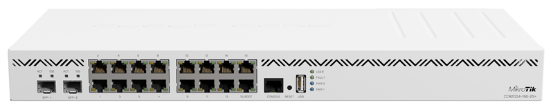 MikroTik Cloud Core Router 2004-16G-2S+ with Annapurna Labs Alpine v2 CPU with 4x ARMv8-A Cortex-A57 cores running at 1.7GHz, 4GB of DDR4 RAM, 128MB NAND storage, 16 x Gbit LAN, 2x SFP+ ports, 1U rack