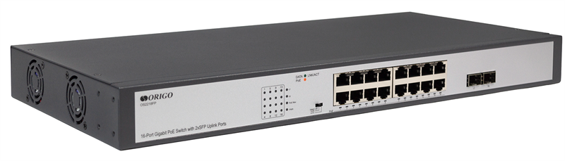 ORIGO Неуправляемый PoE-коммутатор, 16x1000Base-T PoE, 2x1000Base-X SFP, PoE-бюджет 250 Вт, PoE до 250 м, комплект для установки в 19" стойку