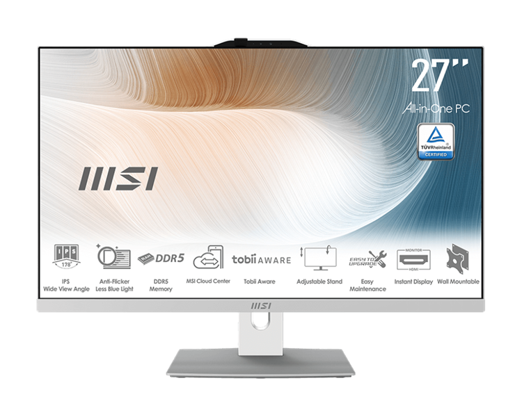 MSI Modern AM272P 1M AiO 27" FHD (1920x1080)IPS AG Non-touch, Core i3-100U (1.2GHz), 8GB DDR5(1x8GB),256GB SSD M.2,Intel UHD,WiFi,BT,camera,WirelessKB&mouse Eng/Rus,NoOS,1y war-ty,White