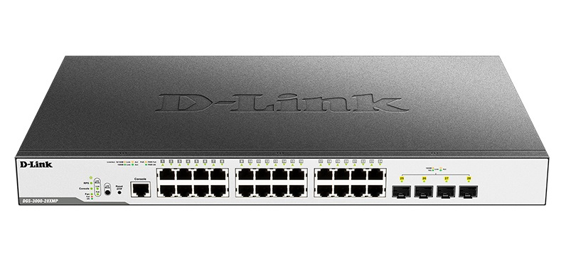 D-Link PROJ Managed L2 Switch 24x1000Base-T PoE, 4x10GBase-X SFP+, PoE Budget 370W, Surge 6KV, CLI, RJ45 Console, RPS, Dying Gasp