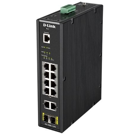 D-Link PROJ Промышленный управляемый L2 PoE-коммутатор, 10x1000Base-T (8x1000Base-T PoE), 2x1000Base-X SFP, PoE-бюджет 123 Вт, защита от статического электричества до 6 кВ, CLI, консольный порт RJ-45,