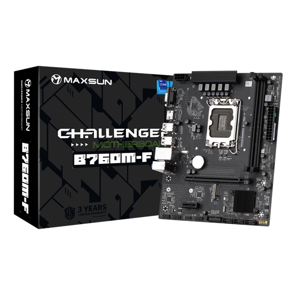 MAXSUN MS-Challenger B760M-F, LGA1700, B760, 2*DDR4, 3*SATA3, M.2, 2*USB 3.2, 4*USB 2.0, 1*PCIEx16, 1*PCIEx1, VGA+HDMI,  mATX