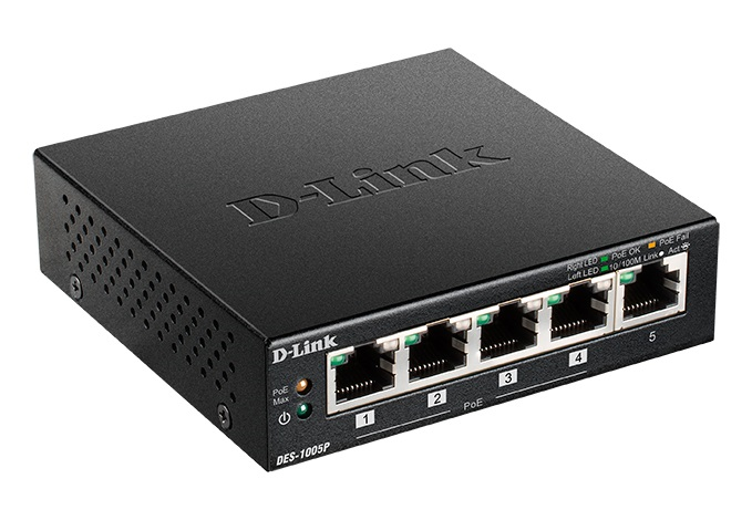 D-Link Неуправляемый PoE-коммутатор, 5x100Base-TX (4x100Base-TX PoE), PoE-бюджет 60 Вт, корпус металл