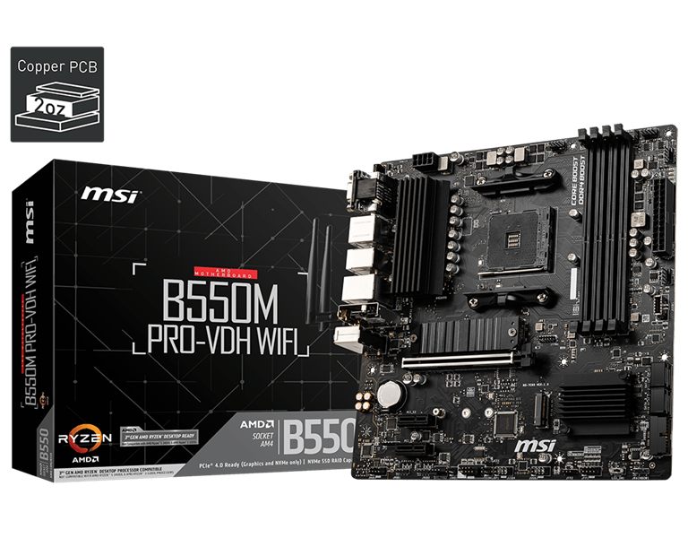 MSI B550M PRO-VDH WIFI AM4,4DDR4,1PCI-Ex16, 2PCI-Ex1, 2M.2, 4SATA3,7USB3.2 Gen1