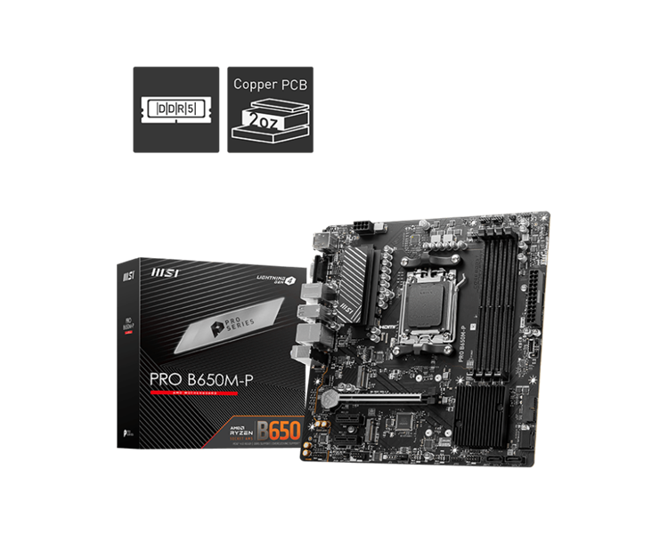 MSI PRO B650M-P,B650,AM5,4DDR5,1PCI-Ex16,2PCI-Ex1,2M.2,4SATA3,3USB3.2 Gen2(2A+1C),4USB3.2 Gen