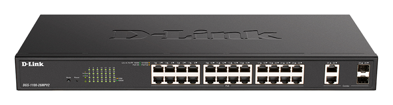 D-Link Настраиваемый L2 PoE-коммутатор, 24х1000Base-T PoE, 2xCombo 1000Base-T/SFP, PoE-бюджет 370 Вт