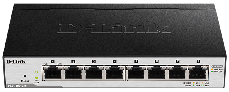 D-Link Настраиваемый L2 PoE-коммутатор, 8х1000Base-T (4х1000Base-T PoE), PoE-бюджет 80 Вт