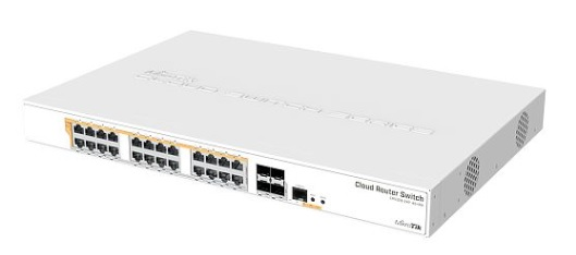 MikroTik Cloud Router Switch 328-24P-4S+RM with 800 MHz CPU, 512MB RAM, 24xGigabit LAN (all PoE-out), 4xSFP+ cages, RouterOS L5 or SwitchOS (dual boot), 1U rackmount case, 500W built-in PSU