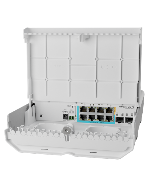 MikroTik netPower Lite 7R with 8 x Gigabit Ethernet ports (7 with Reverse POE-in, 1 with PoE-OUT), 2 x SFP+ cages, SwitchOS, outdoor enclosure, mounting kit (power supply NOT included)