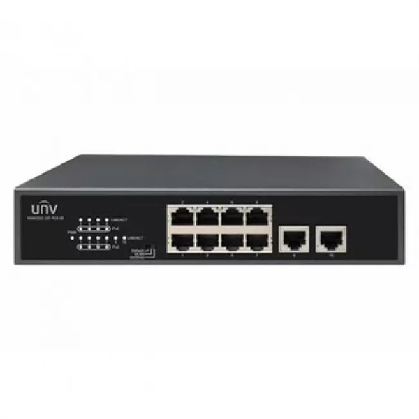 Uniview Коммутатор 10*100Mbps network ports (RJ45), including 8 PoE ports, IEEE802.3,IEEE802.3u,IEEE802.3az,IEEE802.3x,IEEE802.3af,IEEE802.3at, 2Gbps 1.49Mpps 2Mbit 8K 220mm x 150mm x 44mm(8.7"5.9"1.7