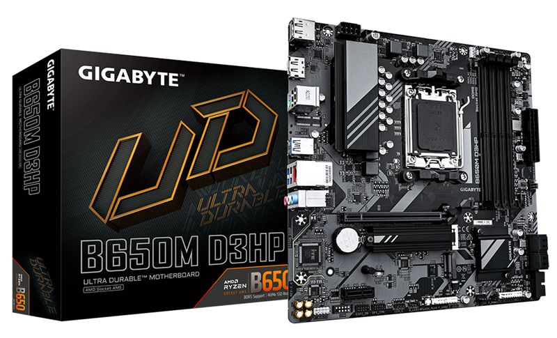 GIGABYTE B650M D3HP, AM5, B650, 4*DDR5, 4*SATA, 2*M.2, 3*USB 3.2, 2*USB 2.0, Type-C, 1*PCIx16, 1*PCIx1, 2*DP+HDMI, mATX