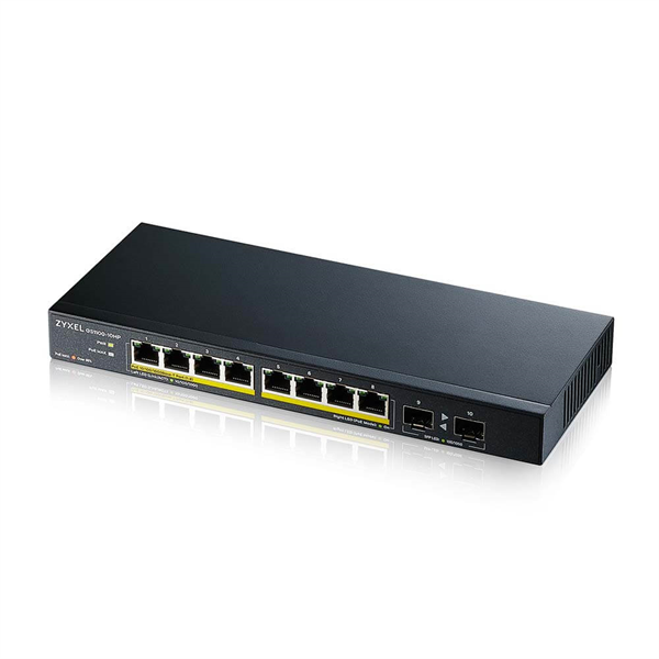 Коммутатор PoE+ Zyxel GS1100-10HP, 8xGE PoE+, 2xSFP, настольный, бесшумный, бюджет PoE 130 Вт, Kensigton lock