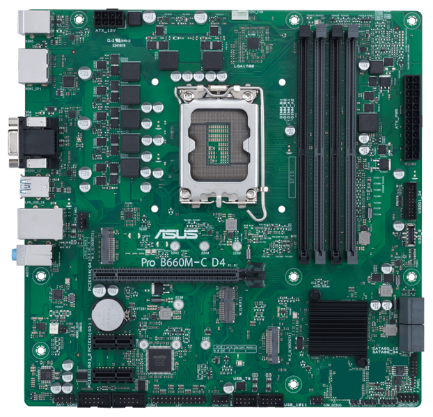 ASUS PRO B660M-C D4-CSM, LGA1700, B660, 4*DDR4, 4*SATA, 2*M.2, 2*USB 3.2, 2*USB 2.0, 1*PCIx16, 2*PCIx1, 2*DP+D-Sub+HDMI, mATX; 90MB19B0-M1EAYC