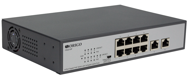 ORIGO Неуправляемый PoE-коммутатор, 8x1000Base-T PoE, 2x1000Base-T, PoE-бюджет 120 Вт, PoE до 250 м, комплект для установки в 19" стойку