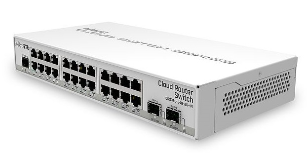 MikroTik Cloud Router Switch 326-24G-2S+IN with 800 MHz CPU, 512MB RAM, 24xGigabit LAN, 2xSFP+ cages, RouterOS L5 or SwitchOS (dual boot), desktop case, PSU