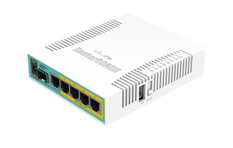 MikroTik hEX PoE with 800MHz CPU, 128MB RAM, 5x Gigabit LAN (four with PoE out), SFP, USB, RouterOS L4, plastic case and PSU