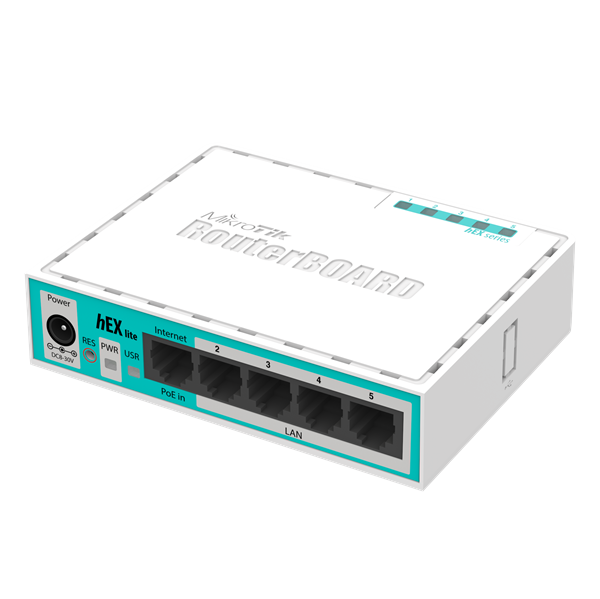 MikroTik hEX lite with 850MHz CPU, 64MB RAM, 5 LAN ports, RouterOS L4, plastic case, PSU