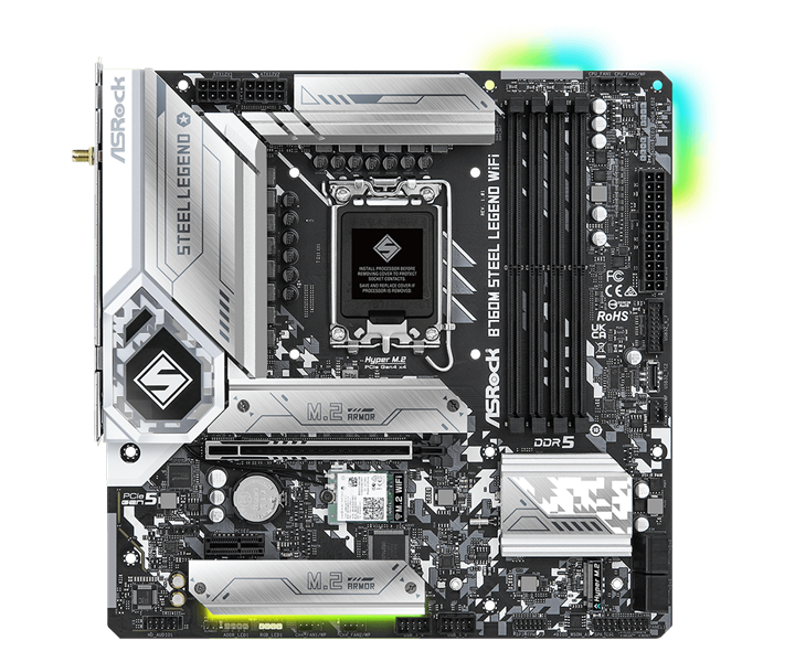 ASROCK B760M STEEL LEGEND WIFI, LGA1700, B760, 4*DDR5, 4*SATA, 3*M.2, 5*USB 3.2, 2*USB 2.0, Type-C, 1*PCIx16, 1*PCIx1, 1*M.2 (Key E), HDMI+DP, mATX