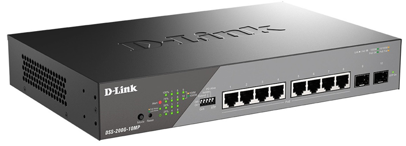 D-Link Настраиваемый L2 PoE-коммутатор, 8x1000Base-T PoE, 2x1000Base-X SFP, PoE-бюджет 130 Вт, дальность PoE до 250 м