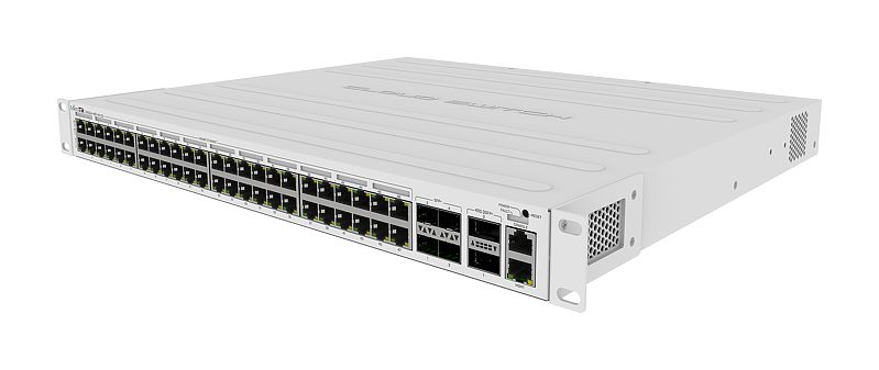 MikroTik Cloud Router Switch 354-48P-4S+2Q+RM with 48 x Gigabit RJ45 LAN (all PoE-out), 4 x 10G SFP+ cages, 2 x 40G QSFP+ cages, RouterOS L5, 1U rackmount enclosure, 750W PSU