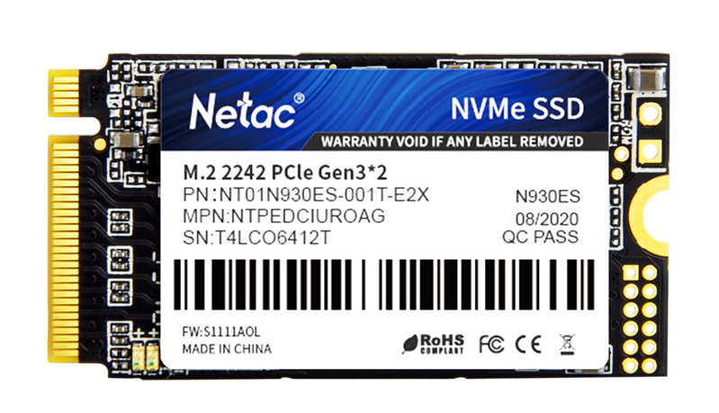 Netac SSD N930ES 1TB PCIe 3 x2 M.2 2242 NVMe 3D NAND, R/W up to 1650/1500MB/s, IOPS(R4K) 220K/220K, TBW 600TB, 3y wty