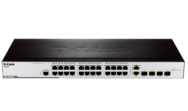 D-Link Управляемый L2 коммутатор, 24x100Base-TX, 2x1000Base-X SFP, 2xCombo 1000Base-T/SFP, защита от статического электричества до 6 кВ, CLI, консольный порт RJ-45, поддержка Dying Gasp