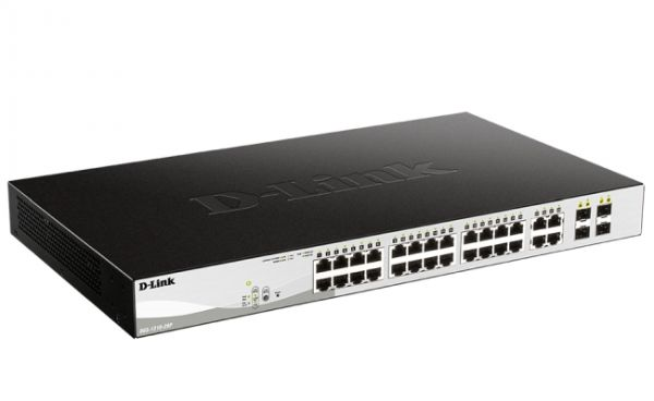 D-Link Управляемый L2 PoE-коммутатор, 24x1000Base-T PoE, 4xCombo 1000Base-T/SFP, PoE-бюджет 193 Вт, защита от статического электричества до 6 кВ, CLI