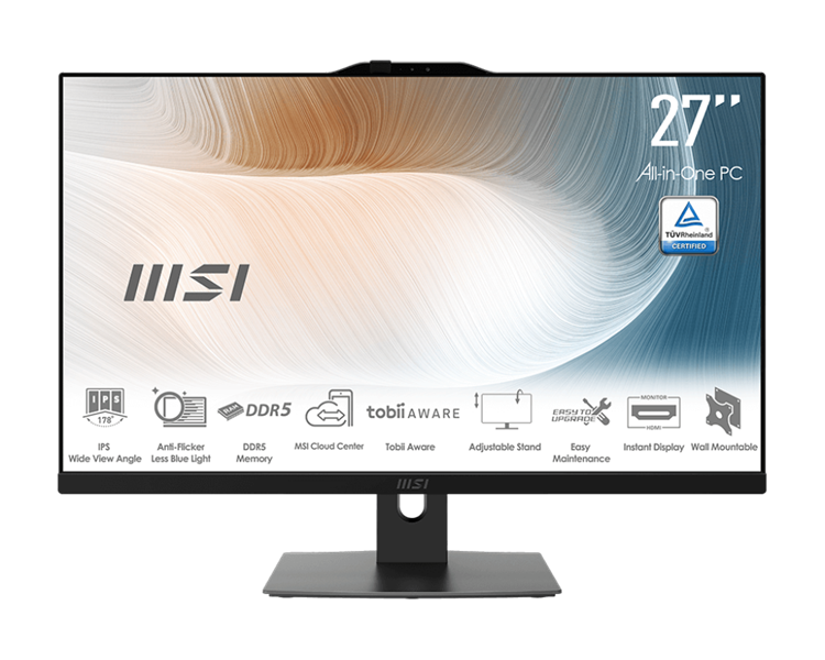 MSI Modern AM272P 1M AiO 27" FHD (1920x1080)IPS AG Non-touch, Core i3-100U (1.2GHz), 8GB DDR5(1x8GB),256GB SSD M.2,Intel UHD,WiFi,BT,camera,WirelessKB&mouse Eng/Rus,NoOS,1y war-ty,Black