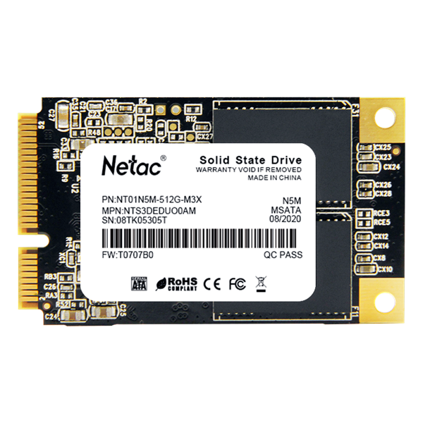 Netac SSD N5M 512GB mSATA SATAIII 3D NAND, R/W up to 540/490MB/s, TBW 280TB, 3y wty