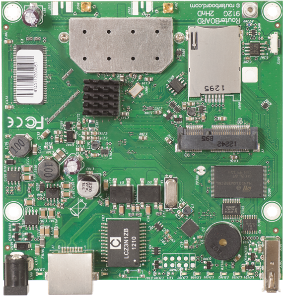 MikroTik RouterBOARD 912UAG with 600Mhz Atheros CPU, 64MB RAM, 1xGigabit LAN, USB, miniPCIe, built-in 2.4Ghz 802.11b/g/n 2x2 two chain wireless, 2xMMCX connectors, RouterOS L4