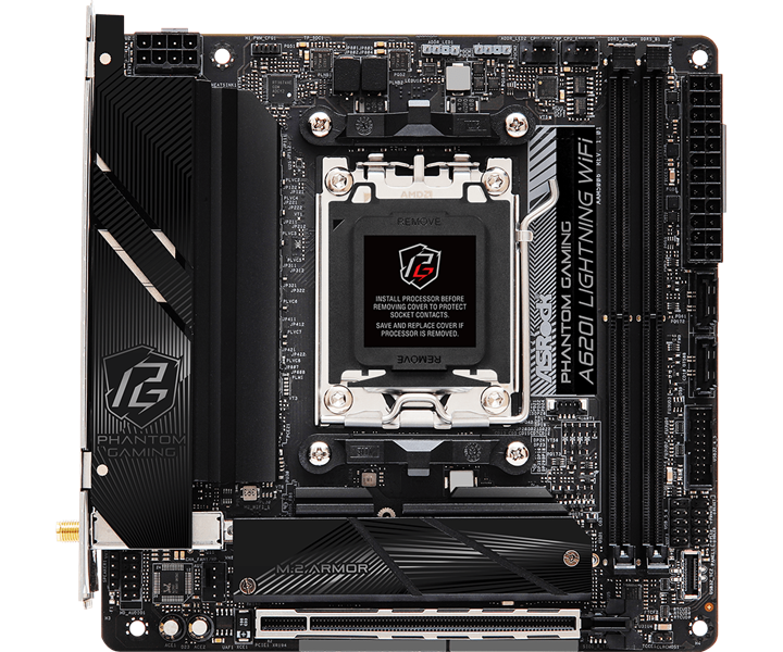 ASROCK A620I LIGHTNING WIFI, AM5, A620, 2*DDR5, 2*SATA, 2*M.2, 3*USB 3.2, 2*USB 2.0, Type-C, 1*PCIx16, 1*M.2 (Key E), HDMI, mITX