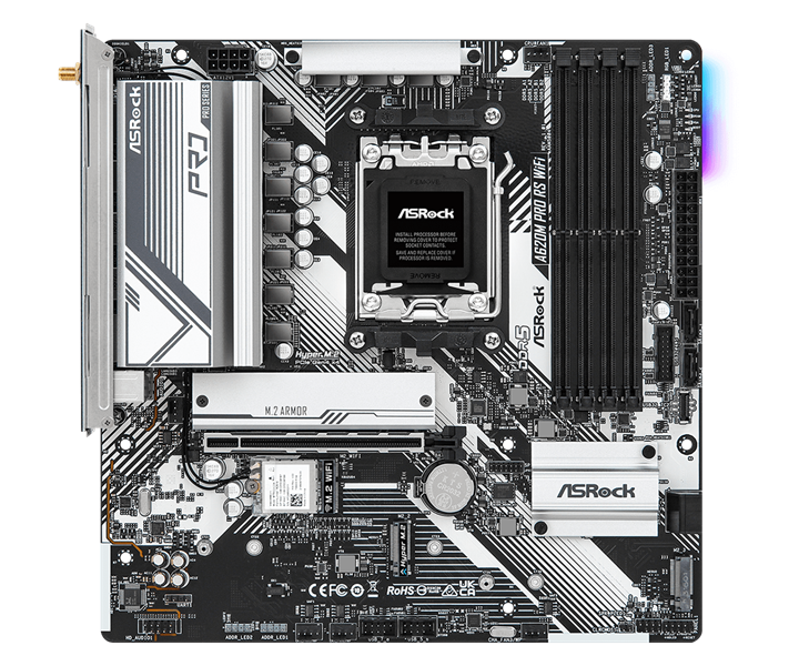 ASROCK A620M PRO RS WIFI, AM5, A620, 4*DDR5, 4*SATA, 3*M.2, 3*USB 3.2, 4*USB 2.0, Type-C, 1*PCIx16, 1*M.2 (Key E), HDMI+DP, mATX