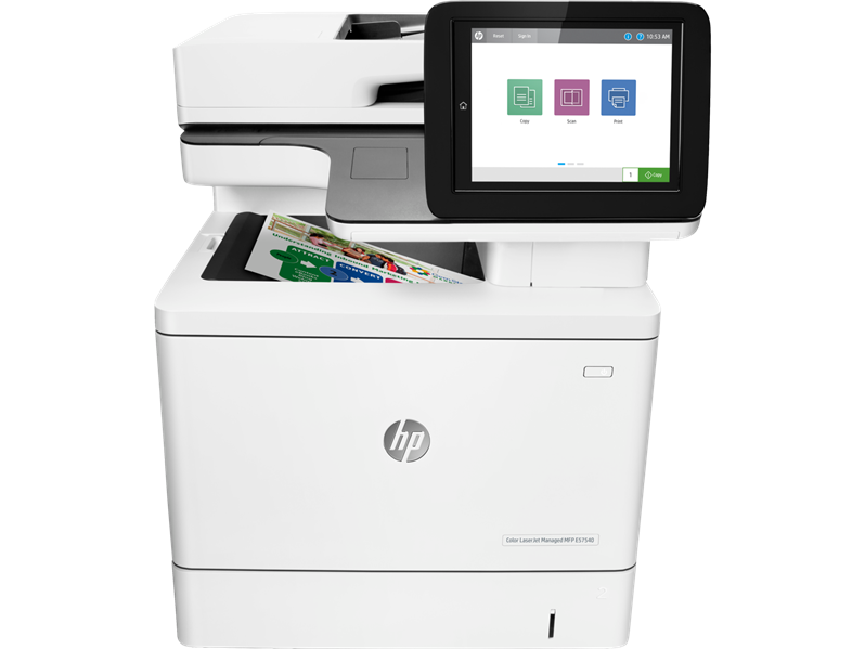 HP Color LaserJet Mgd MFP E57540dn Prntr (p/c/s, A4, 1200dpi, 38(38)ppm, 1,25GB(print),500MB(scan), HDD320Gb, 2trays 100+550, ADF100, Duplex, USB/GigEth, cart. 6KB&5K CMYp. inbox)