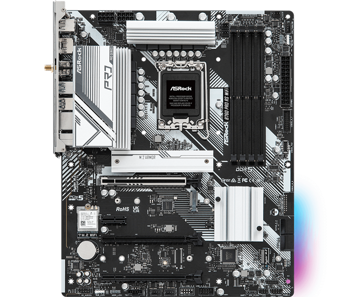 ASROCK B760 PRO RS WIFI, LGA1700, B760, 4*DDR5, 4*SATA, 3*M.2, 5*USB 3.2, 2*USB 2.0, Type-C, 3*PCIx16, 1*PCIx1, 1*M.2 (Key E), HDMI+DP, ATX