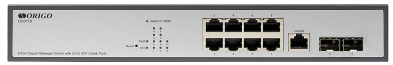 ORIGO Управляемый L2 коммутатор, 8x1000Base-T, 2x1000Base-X SFP, консольный порт RJ-45, комплект для установки в 19" стойку