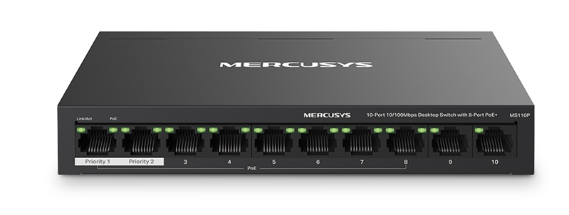 Mercusys MS110P, 10-Port 10/100Mbps Desktop Switch with 8-Port PoE+