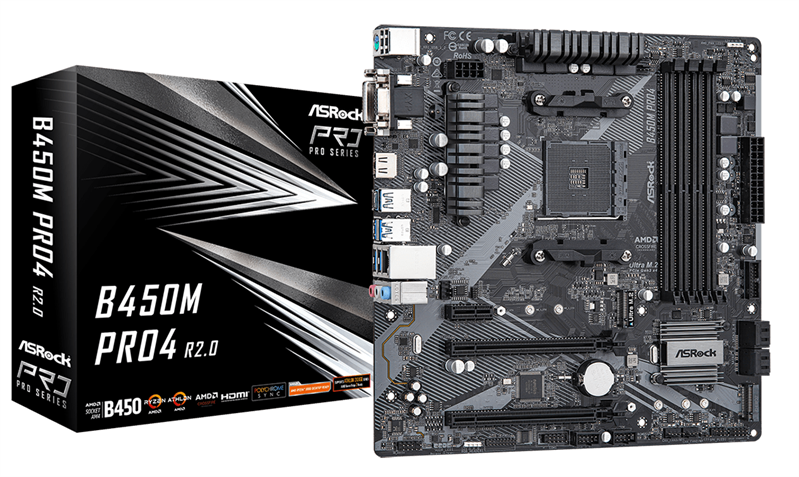 ASROCK B450M PRO4 R2.0, AM4, B450, 4*DDR4, 4*SATA, 2*M.2, 5*USB 3.2, 2*USB 2.0, Type-C, 6*PCIx16, 1*PCIx1, HDMI+DVI-D+D-SUB, mATX