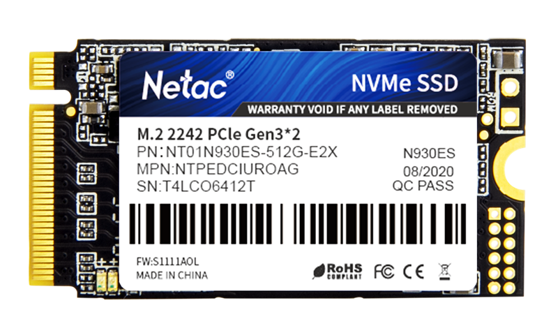 Netac SSD N930ES 512GB PCIe 3 x2 M.2 2242 NVMe 3D NAND, R/W up to 1650/1500MB/s, IOPS(R4K) 180K/200K, TBW 300TB, 3y wty