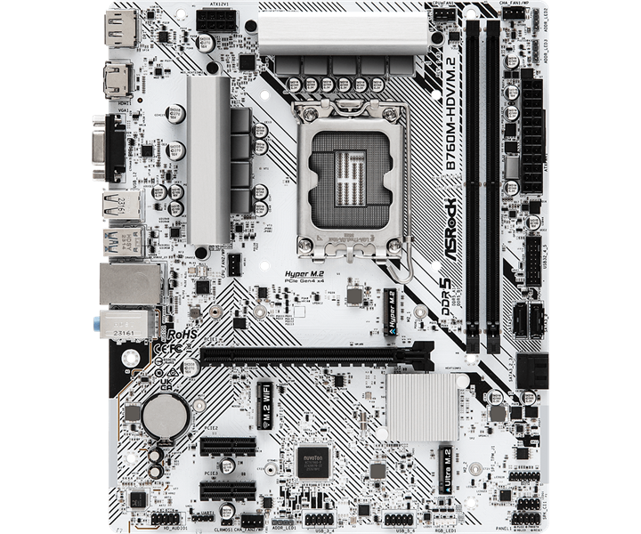 ASROCK B760M-HDV/M.2, LGA1700, B760, 2*DDR5,  4*SATA, 2*M.2, 3*USB 3.2, 2*USB 2.0, Type-C, 1*PCIx16, 2*PCIx1, 1*M.2 (Key E), HDMI+DP+D-Sub, mATX