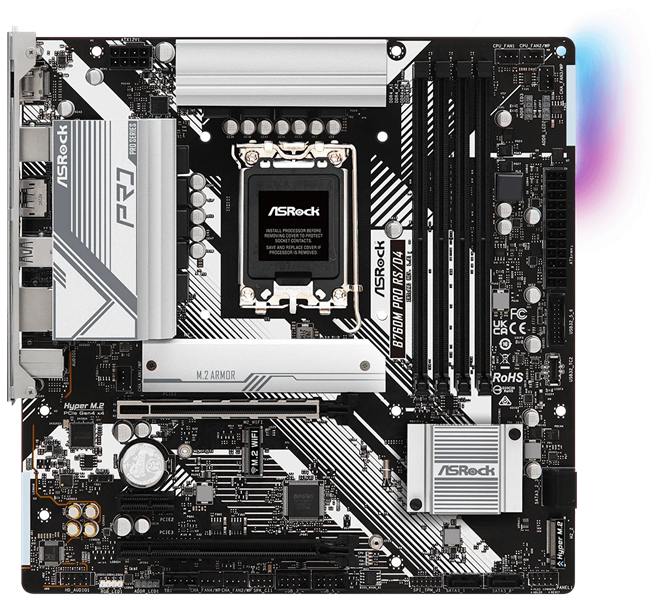 ASROCK B760M PRO RS/D4, LGA1700, B760, 4*DDR4, 4*SATA, 2*M.2, 3*USB 3.2, 2*USB 2.0, Type-C, 2*PCIx16, 1*PCIx1, 1xM.2 (Key E), HDMI+DP, mATX